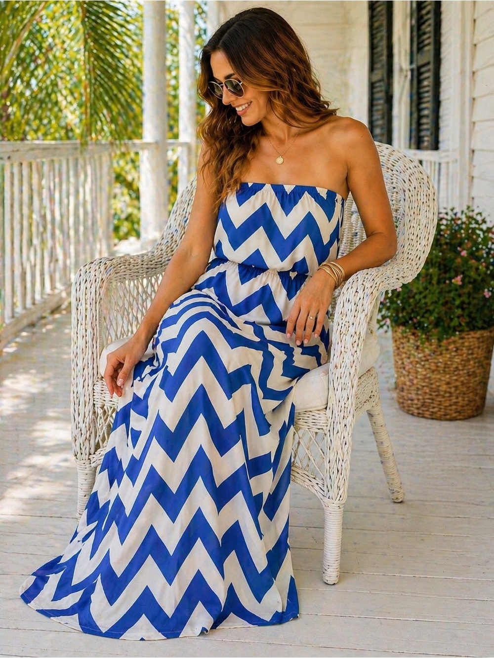 Blue White Chevron Strapless Maxi Dress Boho Beach Resort XL
